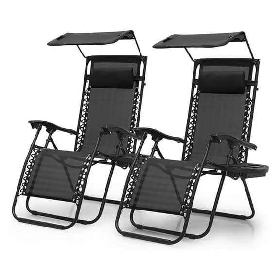 Beran7 Zero Gravity Chair with Canopy Set of 2, Reclining Outdoor Patio Lounge Chair, Folding Anti Gravity Recliner, Portable Lounger with Removable Cup Holder Side Tray and Pillow Headrest (Black)