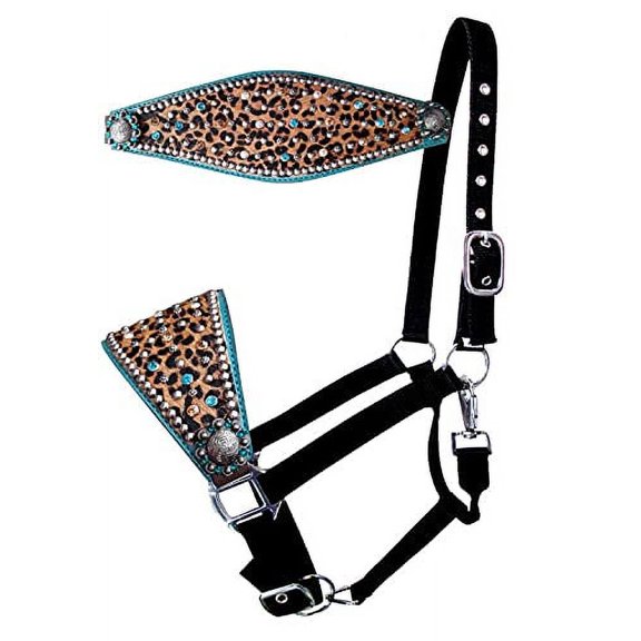Showman Bronc Halter w/ Hair-On Cheetah Print & Teal Leather Noseband