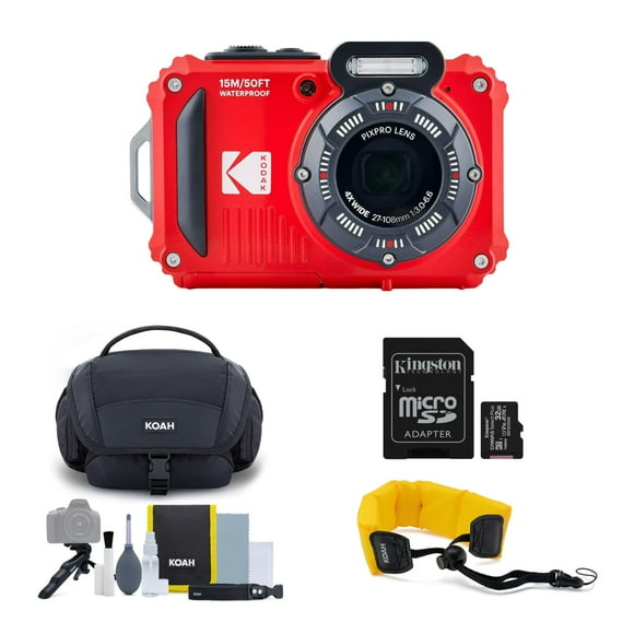 Kodak PIXPRO WPZ2 Rugged Waterproof 16MP Digital Camera with 4X Optical Zoom (Red) with Gadget Bag and Accessory Kit 32GB UHS-I microSDHC and Floating Strap Bundle (4 Items)