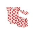 thumbnail image 2 of Aojekbee Baby Girls Summer Shorts Sets Flying Sleeve Strawberry/Floral Print Romper Shorts Headband Sets, 2 of 10
