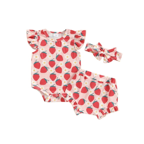 Suealasg 3Pcs Baby Girls Outfits Newborn Girls Summer Shorts Sets Flying Sleeve Strawberry/Floral Print Romper Shorts Headband Sets 0-6 Months