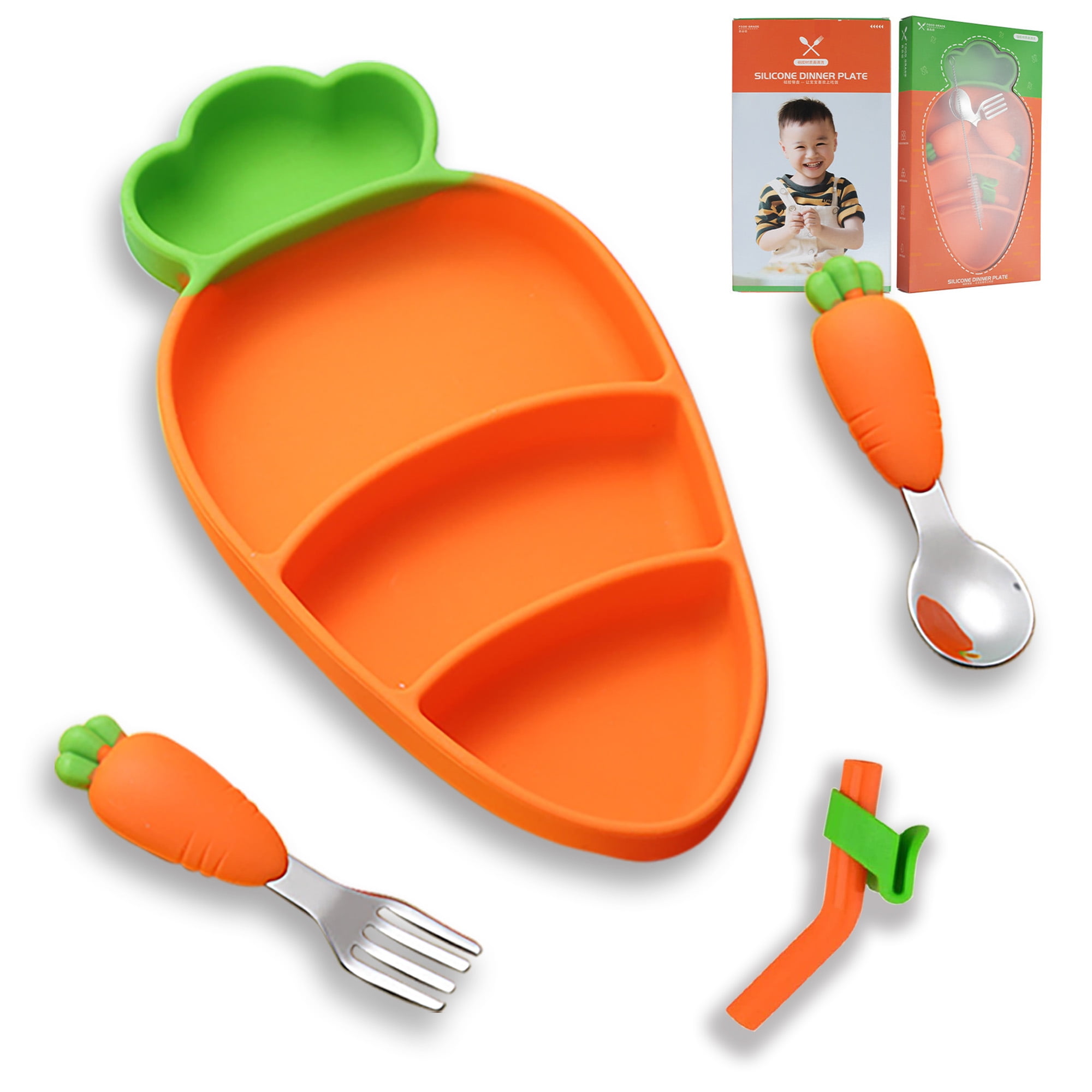 Toddler Plates Smasener Toddler eating Utensil set with Spoon Fork and Removable Straw