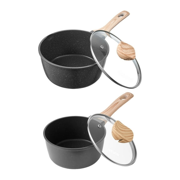 VEVOR Saucepan Set, 1.5 QT & 2.5 QT Nonstick Saucepan with Glass Lids, Multipurpose Cooking Sauce Pots with Detachable Handles,Sauce Pan Kitchen Cooking Pot with Coating,Induction Compatible,Black