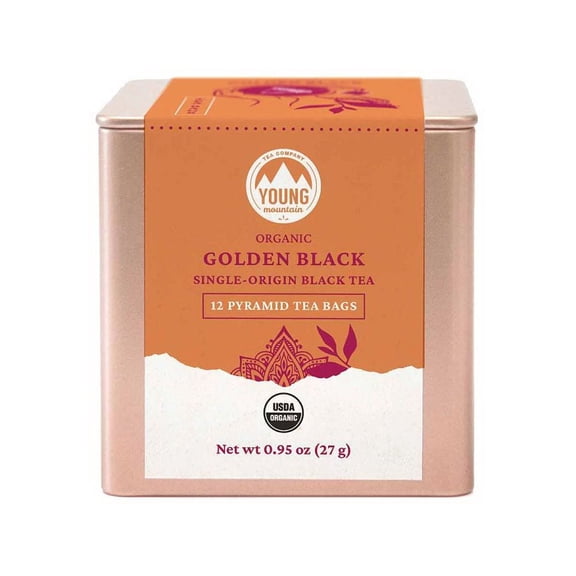Young Mountain Tea Organic Golden Black 12 pyramid tea bags in tin