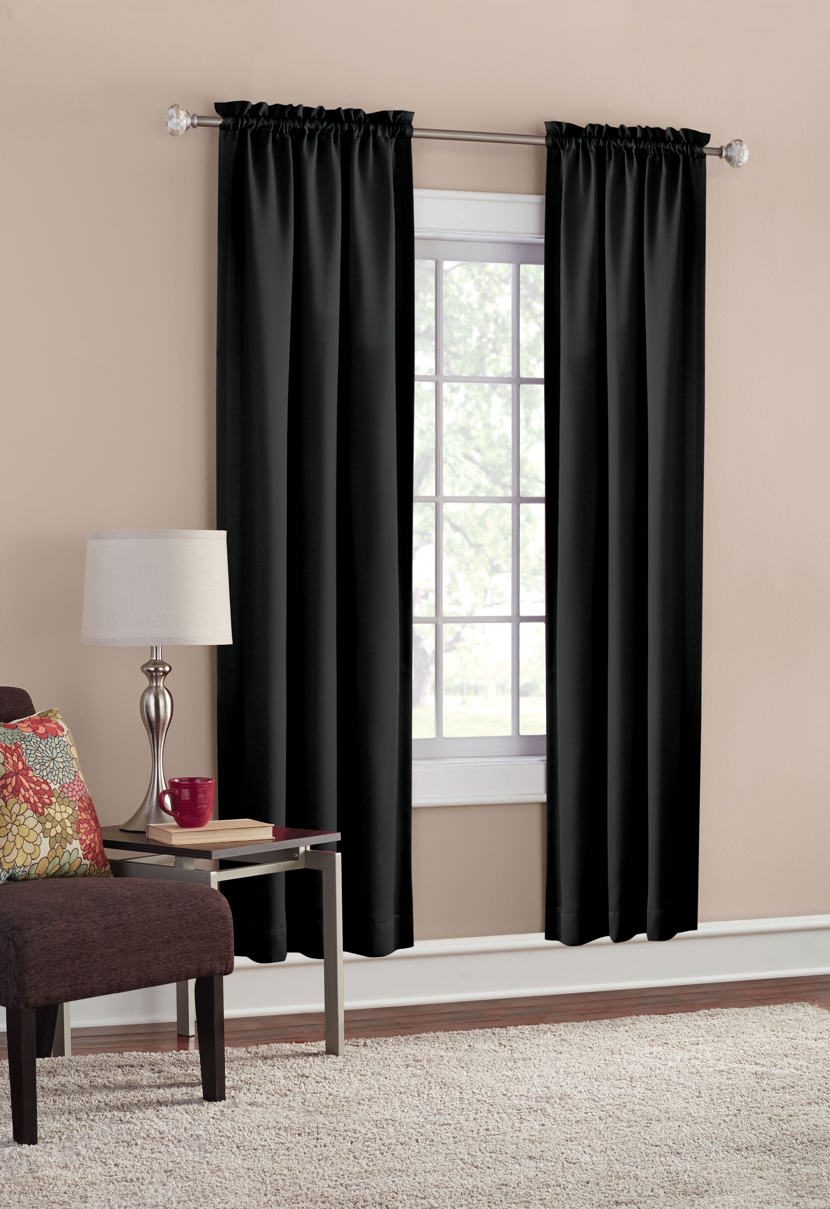 Mainstays Solid Color Room Darkening Rod Pocket Curtain Panel Pair, Set of 2, Black, 30 x 84