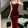thumbnail image 5 of Summer Women Evening Dress Sleeveless Slim Fit Backless Pure Color Split Hem Velvet U-shaped Neck Prom Cocktail Party Midi Dress, 5 of 7