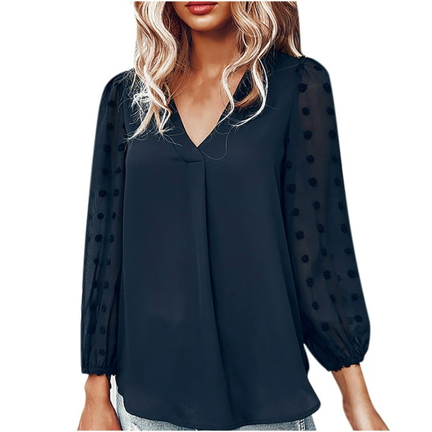Blusas de chifón de manga larga con cuello en V de color sólido de verano informal a la moda para mujer Fridja czfsfas4320