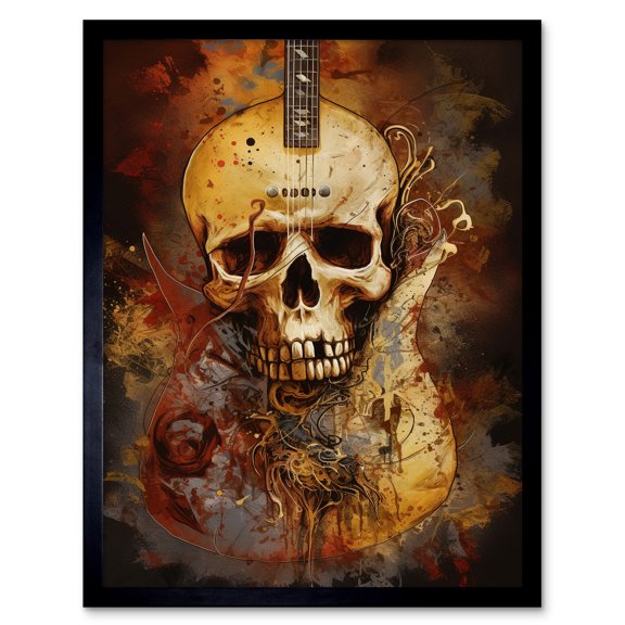 Skull Electric Guitar Death Metal Music Modern Concept Art Painting Art Print Framed Poster Wall Decor 12x16 inch