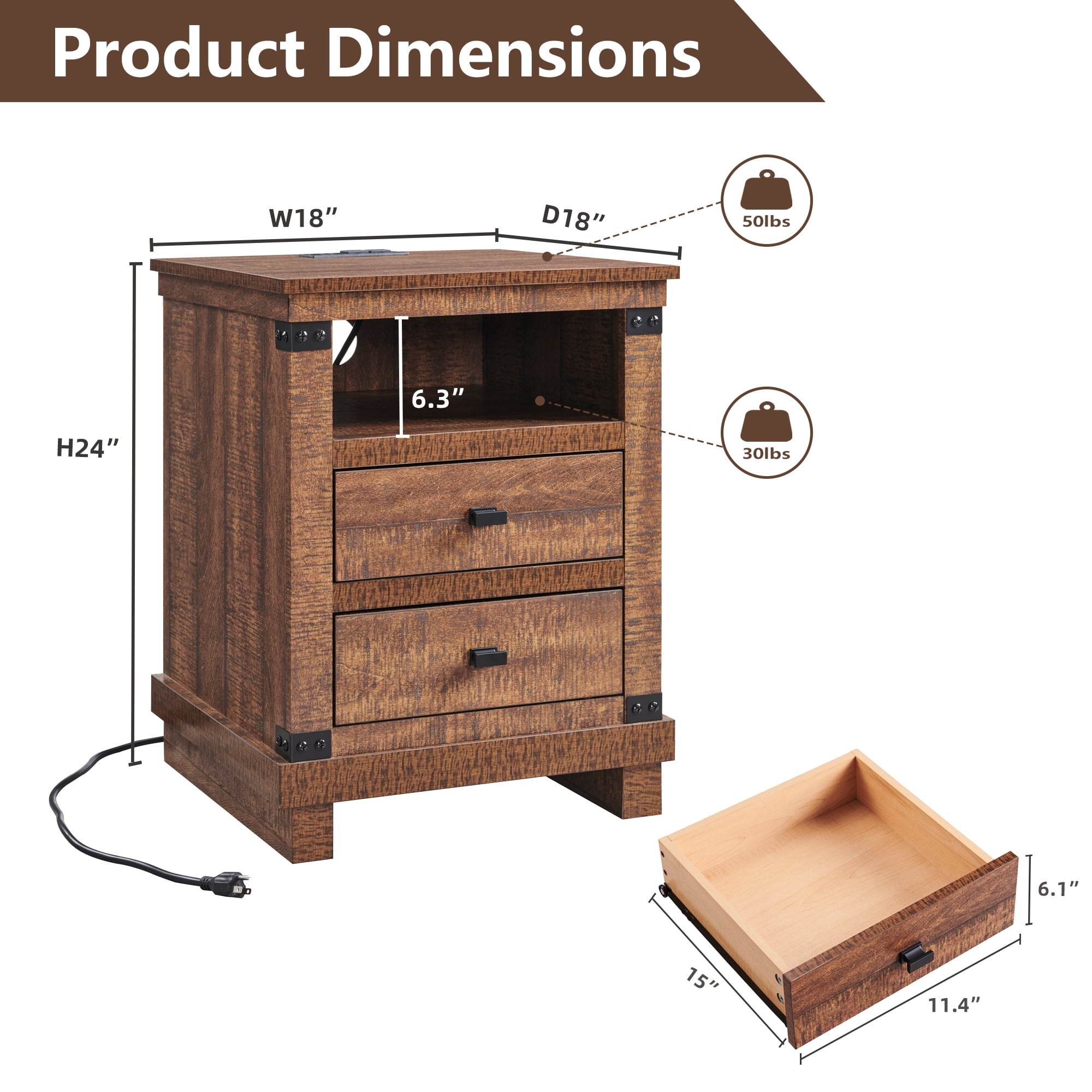 KeyWhat Farmhouse 18" Nightstand with Charging Station, Rustic Metal Wood End Table with Open Storage Shelf, Reclaimed Barnwood