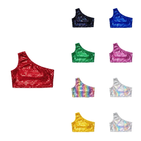 QHFBli Kids Square Sequin One-Shoulder Crop Tops, Shiny Grid Glitter Vests, Stage & Dance Performance Outfits for Girls Red 7-10 Years