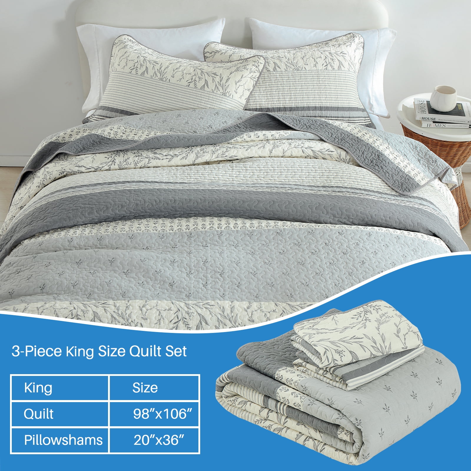 Bedduvit Striped Gray King Size Quilts - 100% Cotton Vintage Botanical Floral King Quilted Bedspread, Lightweight Framhouse Summer Print 3-Piece Bedding Set, Retro Decor Coverlet for King Bed, 98x106