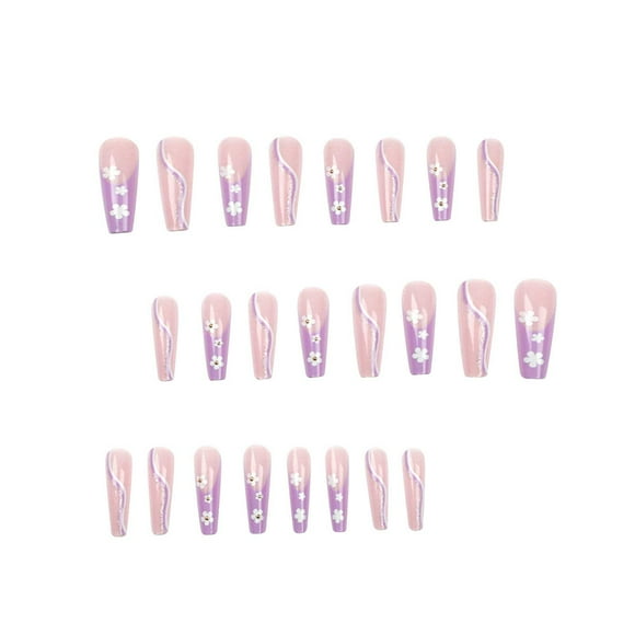 DHARMONAL Long Coffin On Nails Flower Nails Blue Curved Nail Tips Ballerina Shape Clear on Nails Long False Nails for Girls Coffin Shaped Nail Tips Long Clear Nail Hands Tips