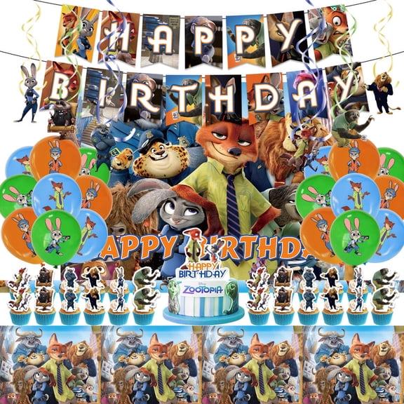 Zootopia Birthday Party Supplies, Party Decorations Set Include Banner, Backdrop, Balloons, Hanging Swirls, Cake Cupcake Toppers, Tablecloth for Zootopia Theme Party