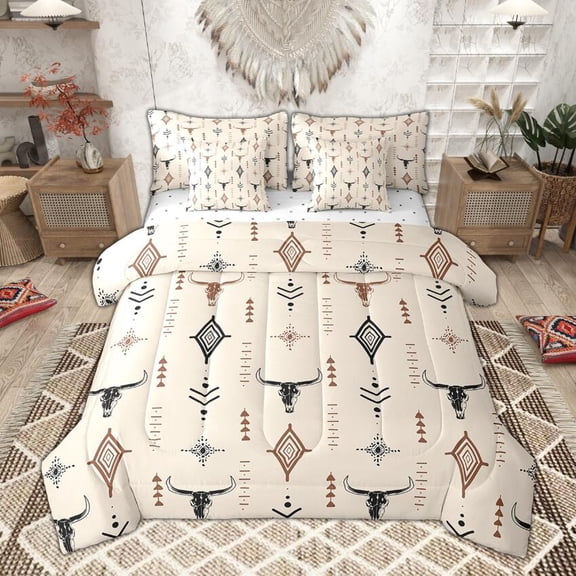 Manfei Vintage Cow Skull Twin Bedding Sets 7-Piece, Rustic Lodge Cabin Bedding Comforter Set, Bohemian Aztec Sheet Sets, Beige Brown Black Bedroom Decor
