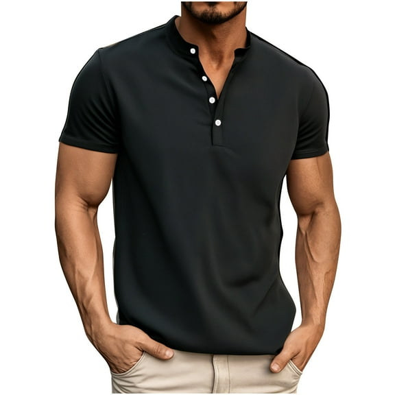 ZVNAΖH Men's Short Sleeve Polyester T-shirts Summer Casual Button Stand Up Collar Tees Comfy Solid Daily Tops, M-3XL