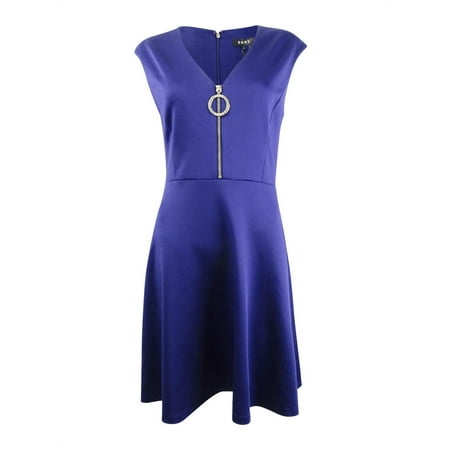 DKNY Women's Cap-Sleeve V-Neck Fit & Flare Dress (8, Blueberry)