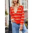 thumbnail image 3 of Split V Neck Classic Striped Pattern Collared Sweater for Women Orange Large, 3 of 5