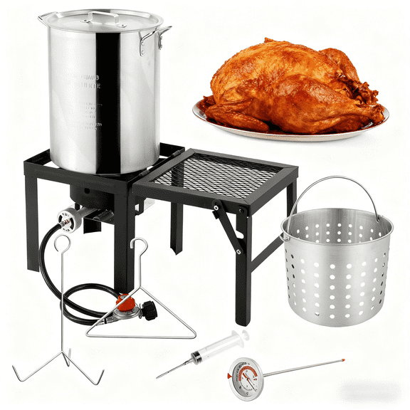 UBesGoo Outdoor Fryer Kit 30QT Propane Fryer Pot Boiler with Foldable Side Frame 55,000BTU