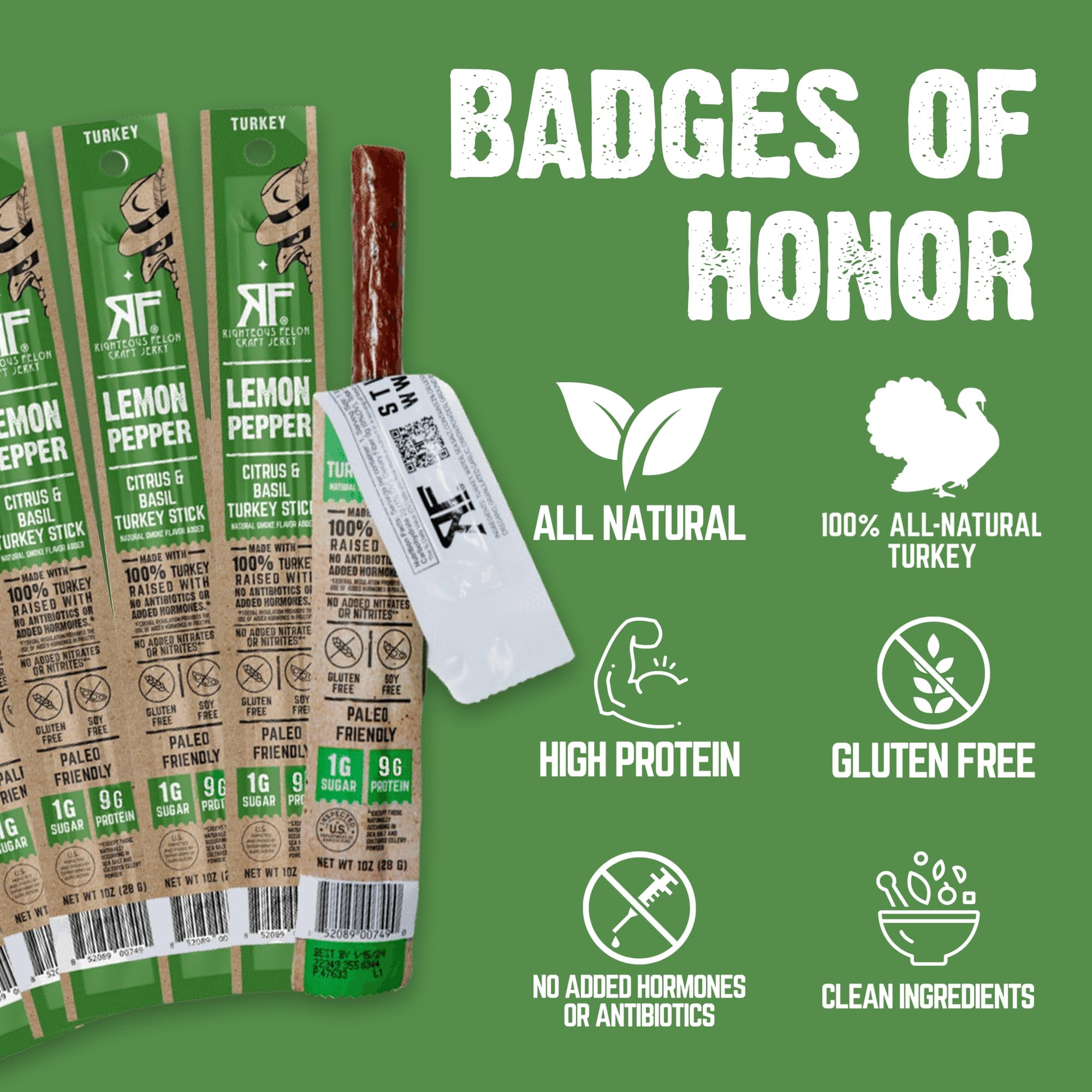 Righteous Felon Meat Sticks - Gluten Free & Keto Turkey Sticks, Protein Snack, Lemon Pepper, 10 pack
