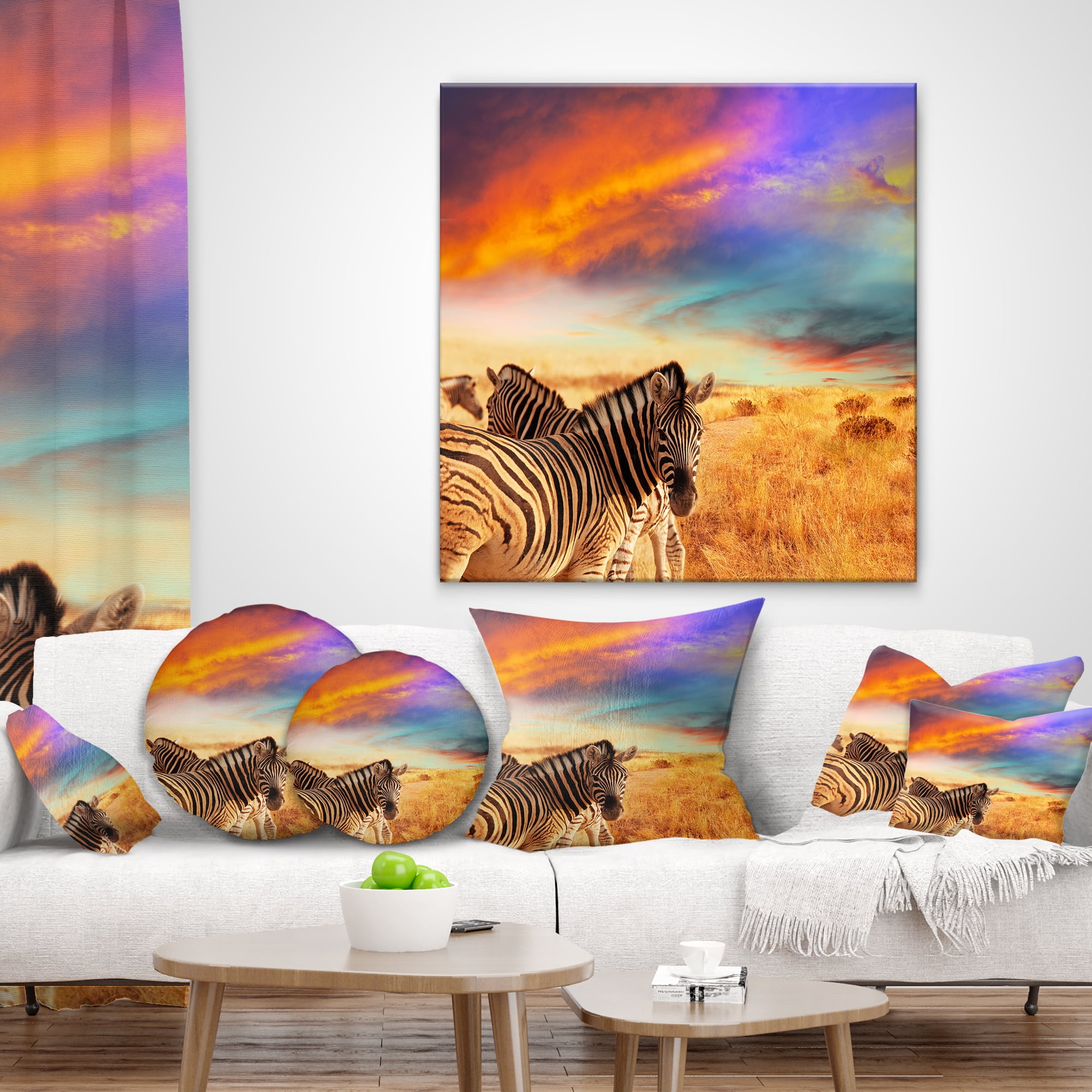 Designart Zebras in Bush under Colorful Sky - African Throw Pillow - 16x16