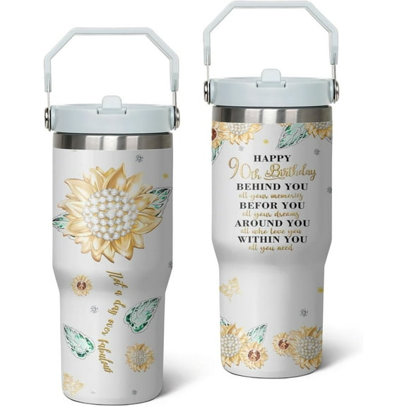90th Birthday Gifts Cup, 30 Oz Stainless Steel Tumbler with Handle & Straw, 90 Year Old Birthday Gifts for Women Coffee Mug, 90th Birthday Decorations for Women, Happy 90th Birthday Gifts for Women