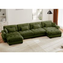 U Shaped Sectional Sofa Cloud Couch | Modern Velvet 4 Seater | Movable Ottomans | Olive Green | Deep Seat Comfort for Living Room & Den