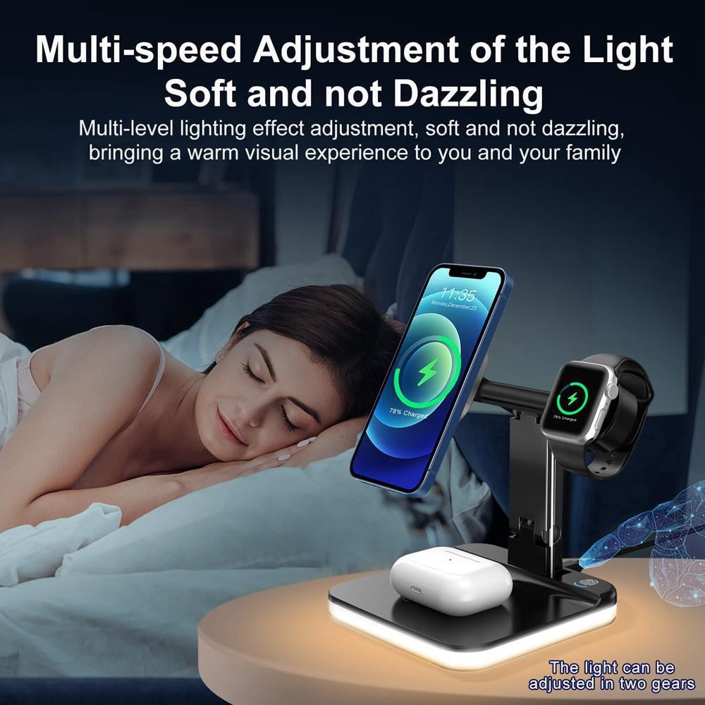 Qi Wireless Charger Dock Stand With intelligent night light For iPhone For Apple Watch Airpods For Samsung Galaxy S24 S23 S22 S22Plus S21 Ultra S20 note20 and ALL Qi-Standard Smartphones