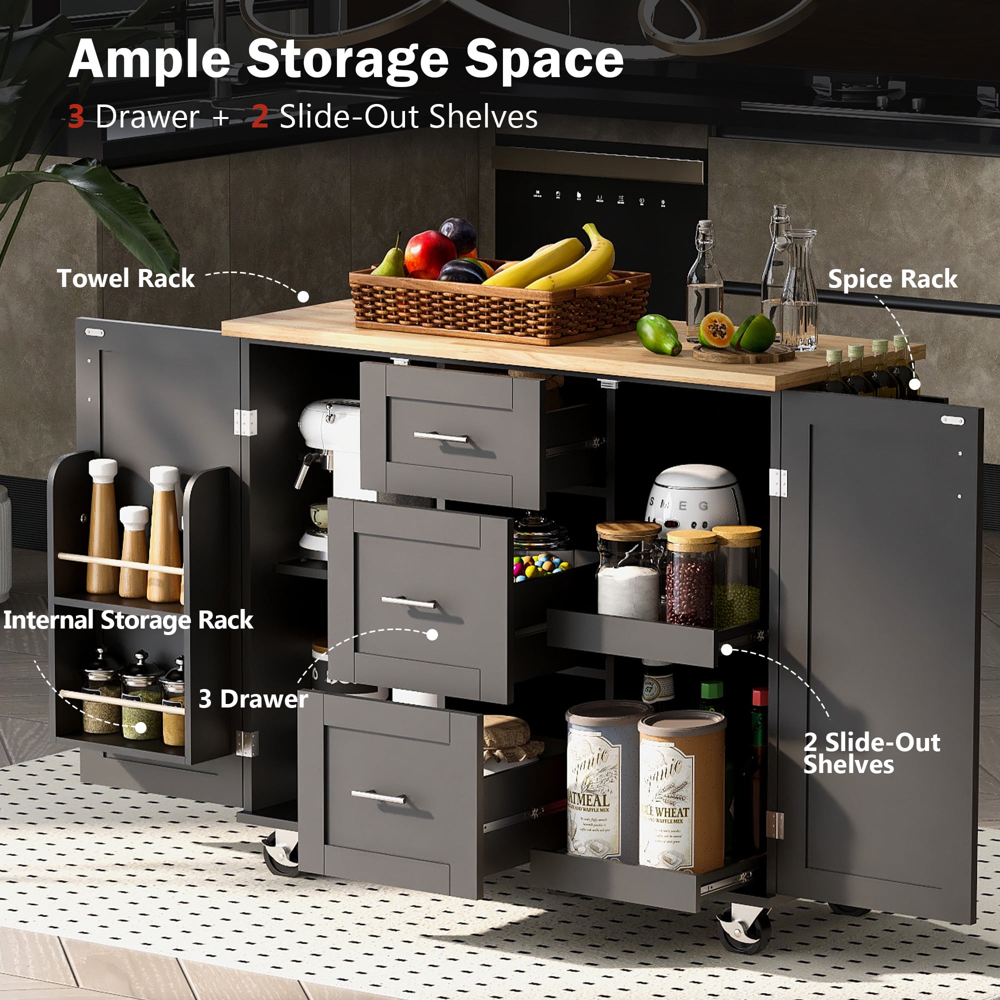 Aukfa Rolling Kitchen Island with Storage, Kitchen Cart W/3 Drawer & 2 Slide-Out Shelf,Black