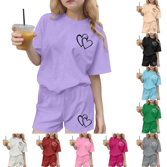 SGFCWSX Girls 2 Piece Outfits Summer Casual Oversized Heart Print Short Sleeve T Shirt and Elastic Waist Shorts Kids Daily Wear Purple Size 9-10 Years