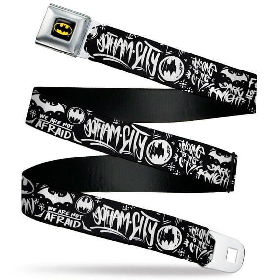 DC Comics Belt, Seatbelt Buckle Belt, Batman Gotham City Graffiti Collage Black White, 30 to 44 Inches