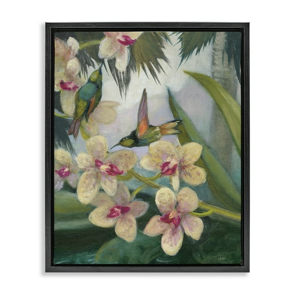Stupell Industries Hummingbirds Among Blossoms Landscape Painting Black Floater Framed Canvas Art Print Wall Art, 17 x 21