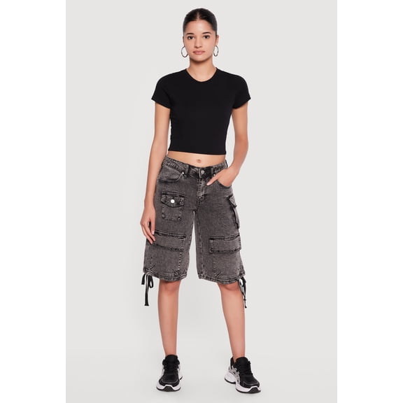 Women's Drawstring Hem Acid Wash Cargo Bermuda Shorts