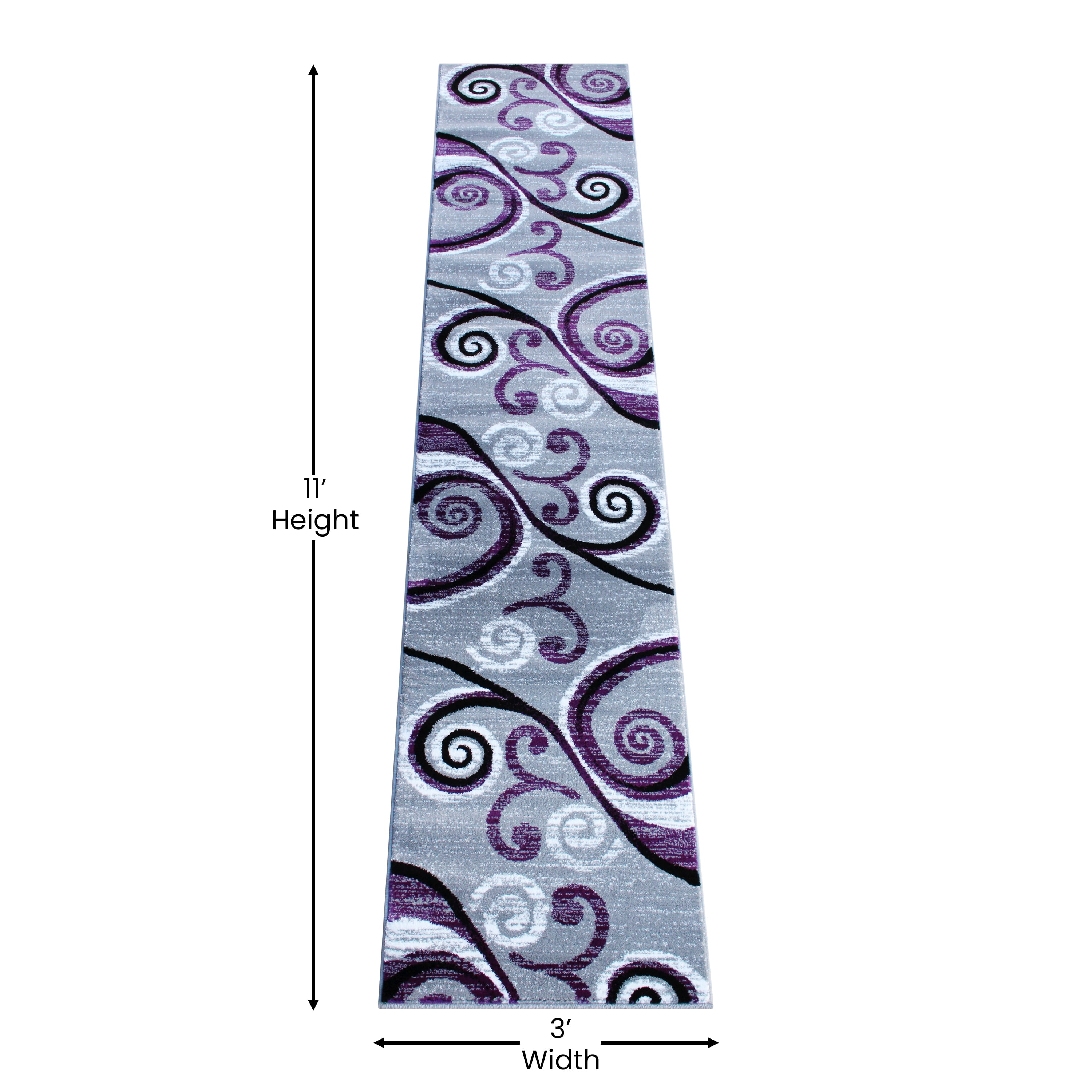 Emma + Oliver 2x11 Scraped Look Ultra Soft Plush Pile Olefin Accent Rug in Purple, Gray, Black and White Swirl Pattern, Jute Backing