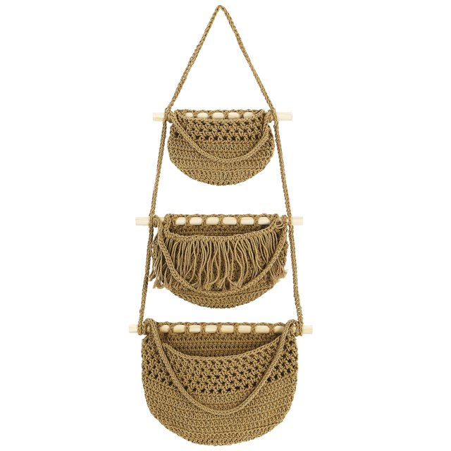 Miangastore 2Pcs Macrame Hanging Fruit Basket Tiered Cotton Rope Wood Ventilation Bathroom Use