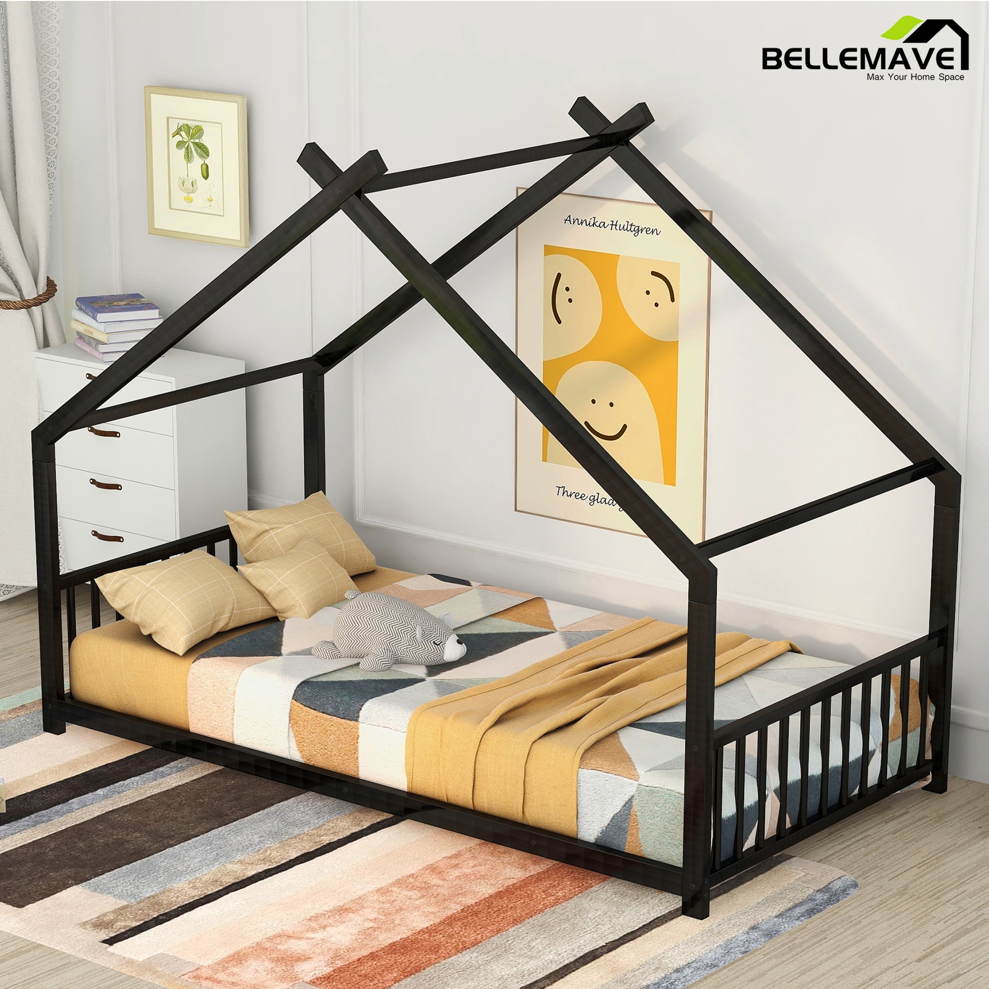 Bellemave Twin Metal House Bed with Headboard and Footboard Montessori House Bed, Metal Floor Bed Frame with Roof, No Box Spring Needed, Black