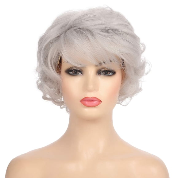Kaneles pelucas cortas y rizadas de color gris para mujer, peluca de pelo de señora mayor con flequillo, pelo sintético Natural, pelucas completas de Cosplay resistentes al calor