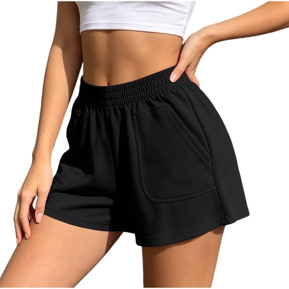 Hurxie Sweat Shorts for Women Casual Summer Athletic Short Elastic Waist Comfy Lounge Shorts Bottoms with Pockets Black,XL