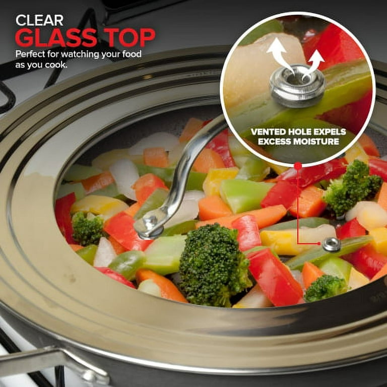 Universal Lid for Pans, Pots and Skillets Vented Tempered Glass with  Graduated Rim Fits 10 inch, 11 inch, 12 inch Cookware Heat Resistant Handle  Food Safe - Microwave Safe Dishwasher Safe 