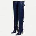 thumbnail image 5 of FSJ Women Chic Thigh High Boots Double Buckle Pointed Toe Side Half Zipeer Kitten Heel Over The Knee Boots Size 6.5 Navy Leather, 5 of 5