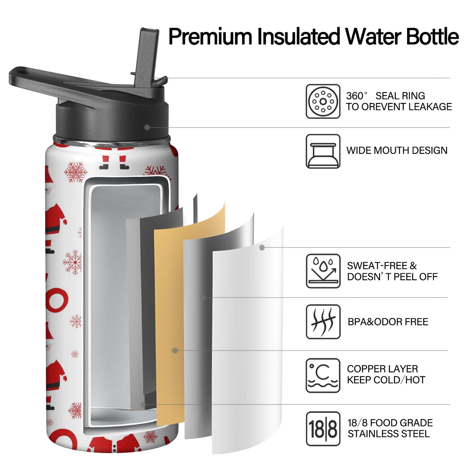 Christmas 18 oz Insulated Stainless Steel Water Bottle with Straw & Cleaning Brush , Leakproof, BPA-Free, 304 Stainless Steel, Wide Mouth, Travel Mug for Car, Gym, Office