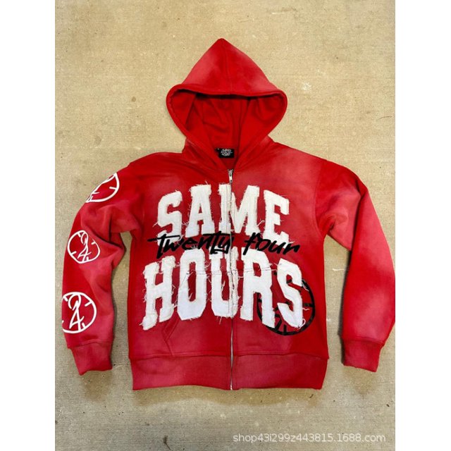 Sudadera con capucha pesada estilo hip-hop callejero con parche estampado de letras retro americano cárdigan diseño chaqueta de calle alta