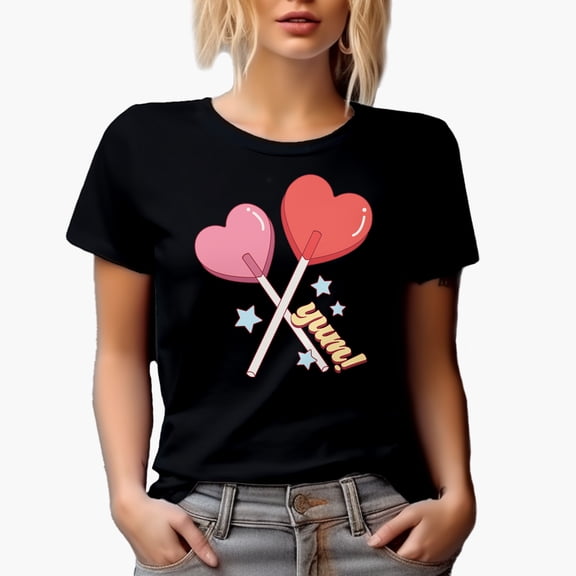 Retro Yum & Heart Lollipops Art, Valentine's Day Gift, Black T-Shirt, Small