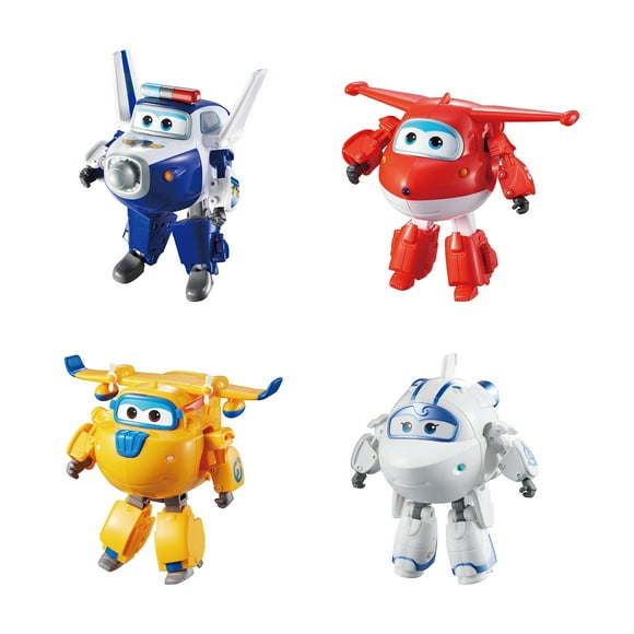 Super Wings Superwings 5 "Transformer les Personnages 4-Pack, Combiner Jet, Paul, Astra, Donnie Avion Jouets Playset, Figurine de Véhicule, Transformer Avion en Robot, Cadeaux pour les Enfants Âgés de 3 Ans et Plus