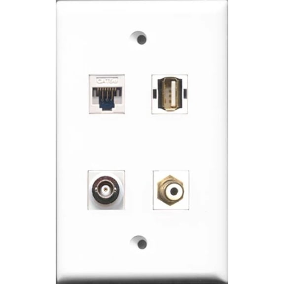 RiteAV 1 Port RCA White and 1 Port USB A-A and 1 Port BNC and 1 Port Cat5e Ethernet White Wall Plate