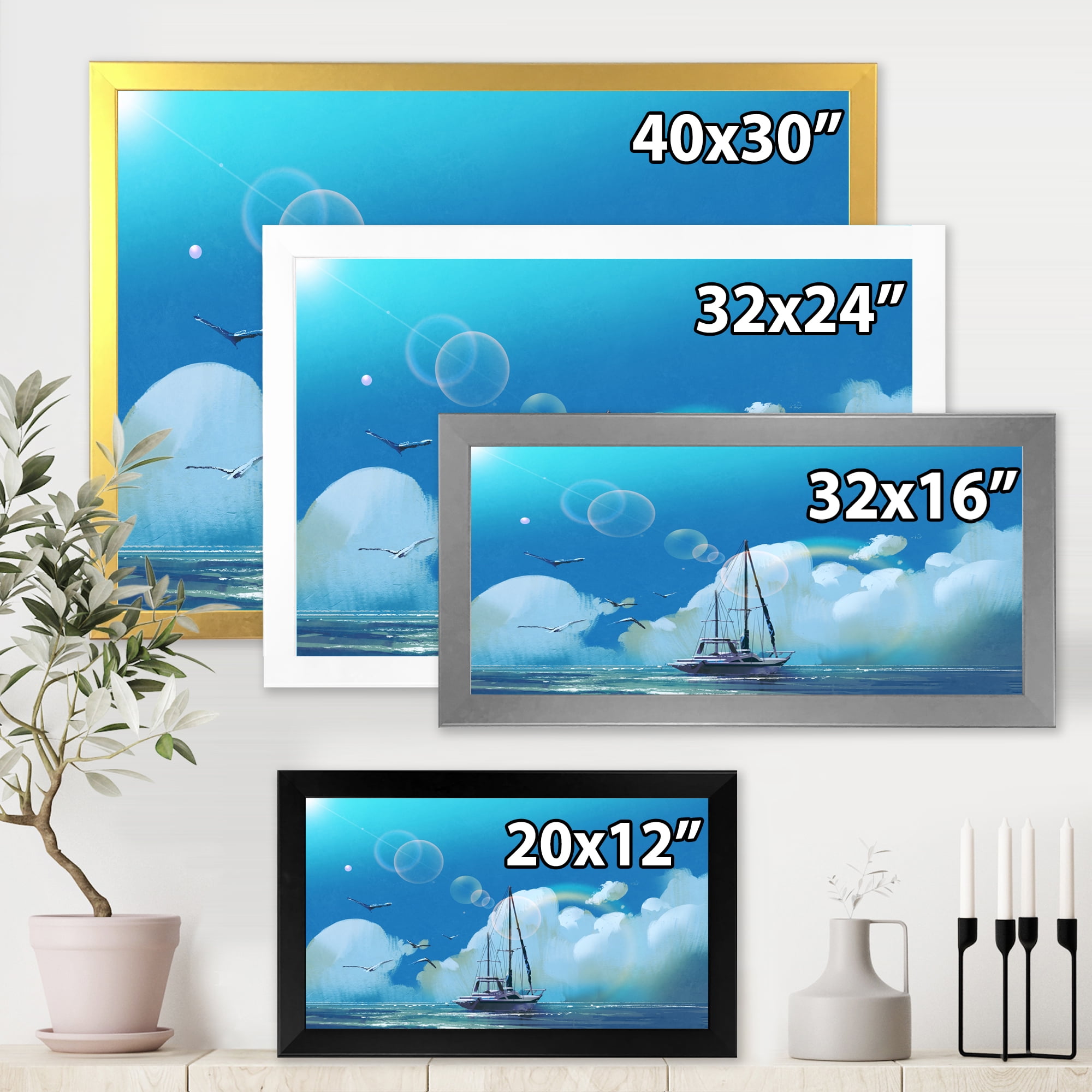Designart 'The Sailboat On The Blue Sea Against Summer Clouds Sky' Nautical & Coastal Framed Art Print