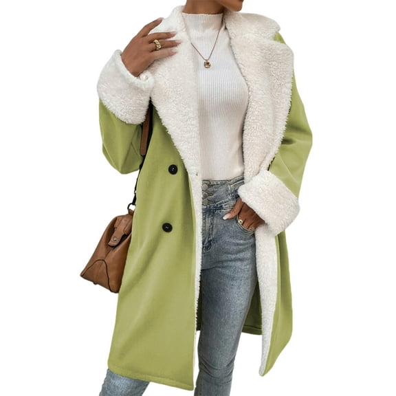 Women'S Lined Lapel Long Sleeves Winter Coats Warm Double Breasted Long Fleece Jacket Plush Overcoat Yellow-Green M