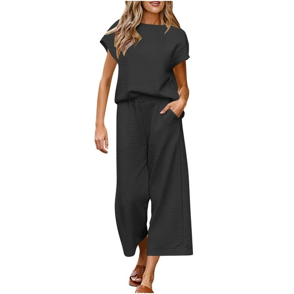 Oplxuo Womens 2 Piece Outfits Sweatsuit Short Sleeve Tops and Drawstring Waist Cropped Wide Leg Pants Loungewear Sets
