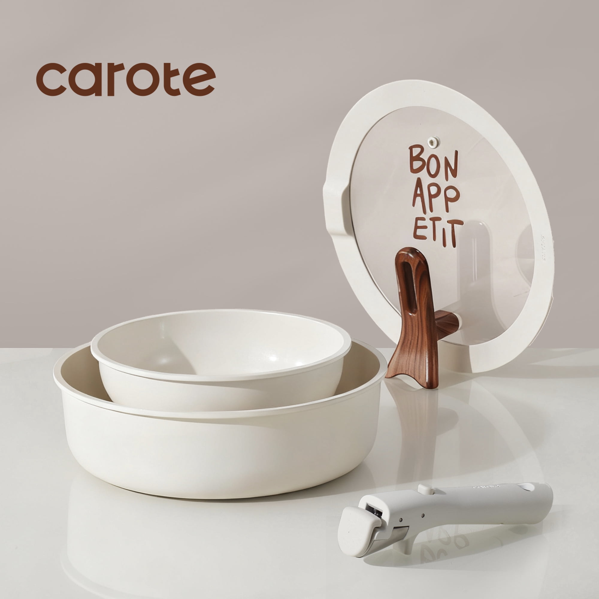 Carote 6 Pcs Ceramic Nonstick Pot and Pan Set, Nonstick Cookware Set with Lid & Detachable Handle, Oven Safe, Induction Ready, Stackable, Cream White