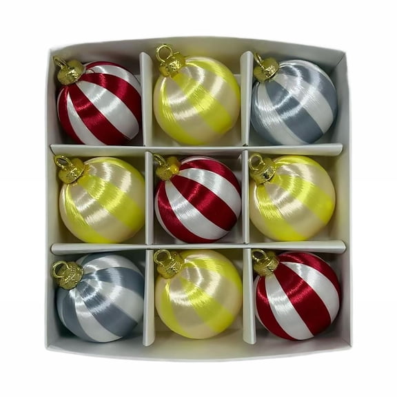 Satin Thread Wrapped Christmas Ornaments, 6 cm Shatterproof Striped Balls, 9 Piece Set, Style A