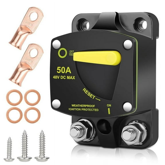 50Amp Circuit Breaker W/Manual Reset Switch DC 12-48V High Amperage,W/Wire Lugs Copper Washer for Car Audio RV Marine